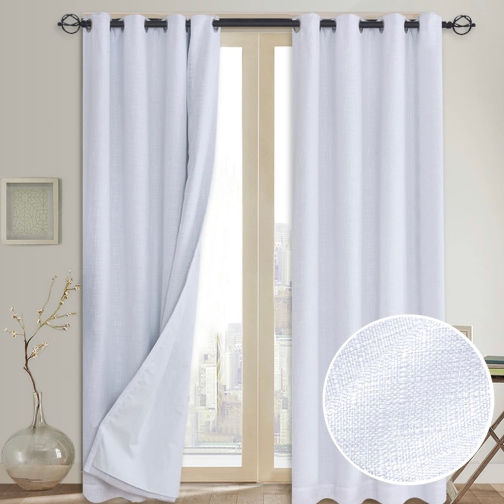 🌟100% Blackout Curtains(with Liner)Primitive Linen Look White Blackout 2 Panels